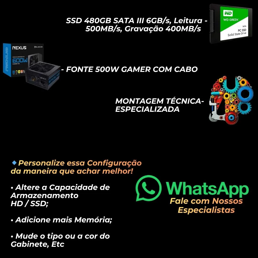 PC GAMER ACTION V4 AMD RYZEN 5 5500, AMD RADEON RX 7600 8GB, 16GB DDR4, SSD 480GB, FONTE 600W, HI LEVEL