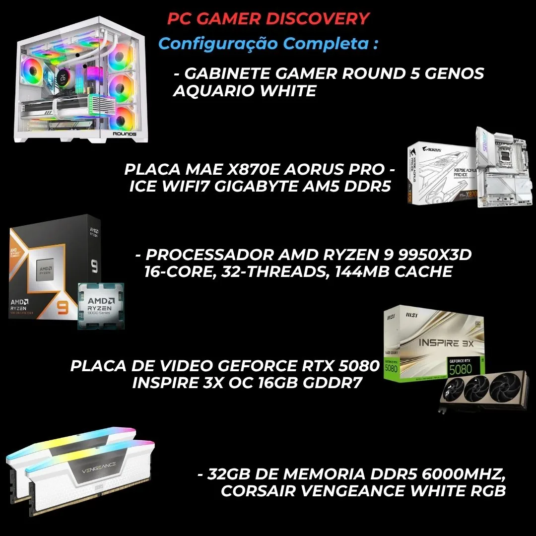 PC GAMER DISCOVERY AMD RYZEN 9 9950X3D, RTX 5080 16GB, X870-E PRO ICE GIGABYTE, 32GB 6000, NVME 2 TERA, 1250W PLATINUM, WC 360MM LCD, 6 FAN HALO WHITE