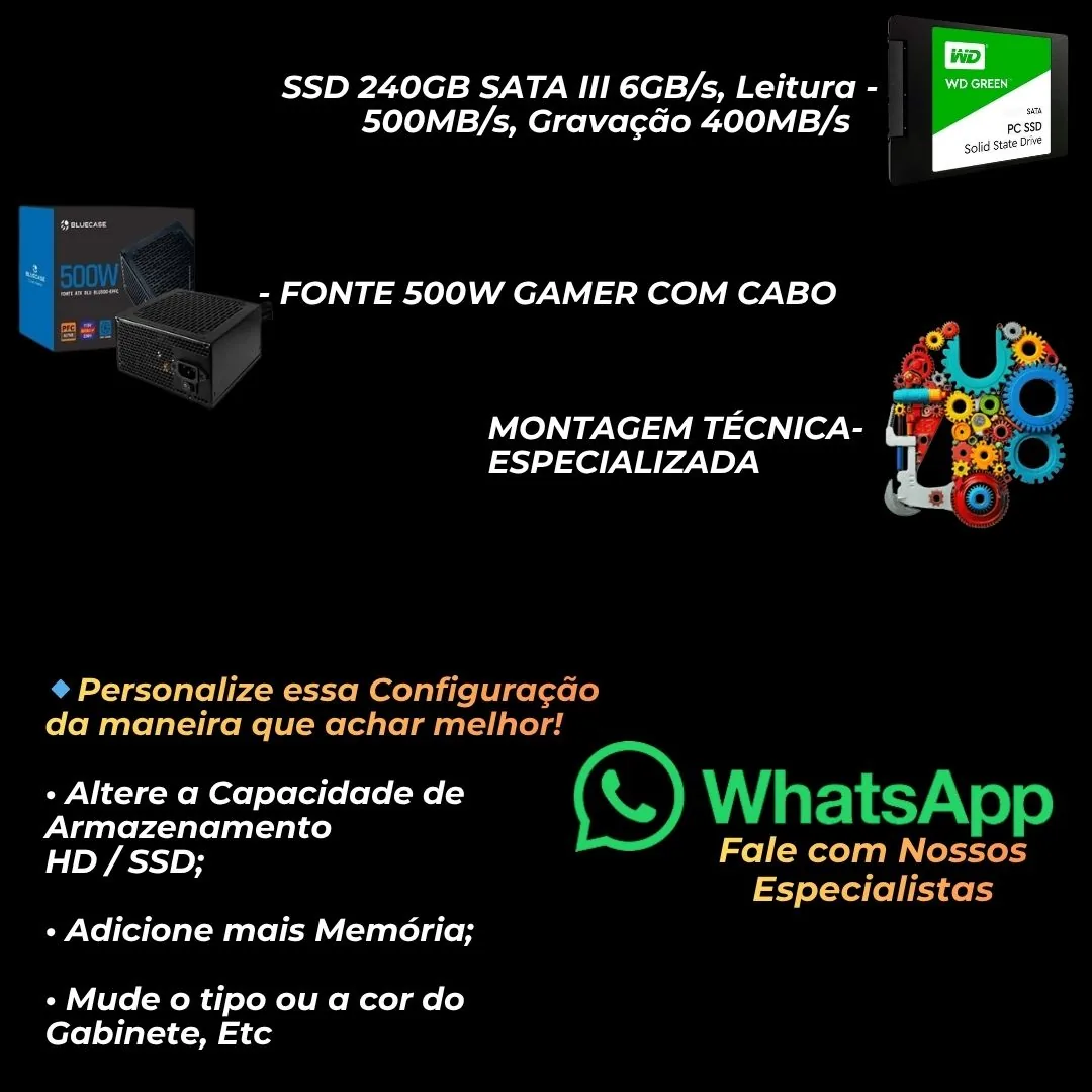 PC GAMER ACTION V3 AMD RYZEN 5 5500, GEFORCE RTX 3050 6GB, 16GB DDR4, SSD 240GB, FONTE 500W, LV510