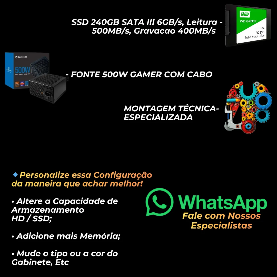 PC GAMER ACTION V2 AMD RYZEN 5 5500, GEFORCE GT 1030 4GB, 16GB DDR4, SSD 240GB, FORCEFIELD WHITE GHOST, FONTE 500W