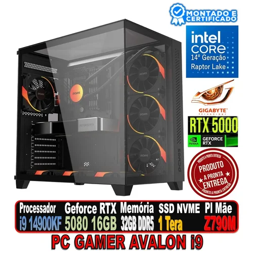 PC GAMER AVALON I9 INTEL i9 14900KF, RTX 5080 16GB, Z790 GIGABYTE, 32GB DR5,  SSD NVME 1 TERA, FONTE 1050W, WC 360 ARGB , FORCEFIELD MAX RGB.